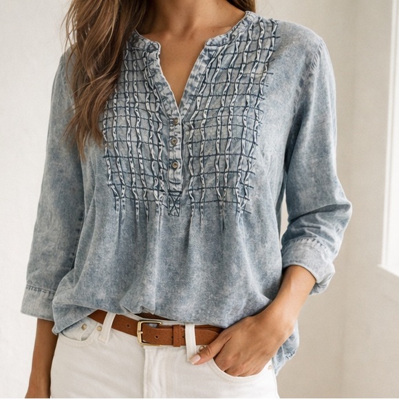 Tantrums Tops - Mineral Wash 100% Cotton Denim Blouse | Pintuck Boho Henley Top XL